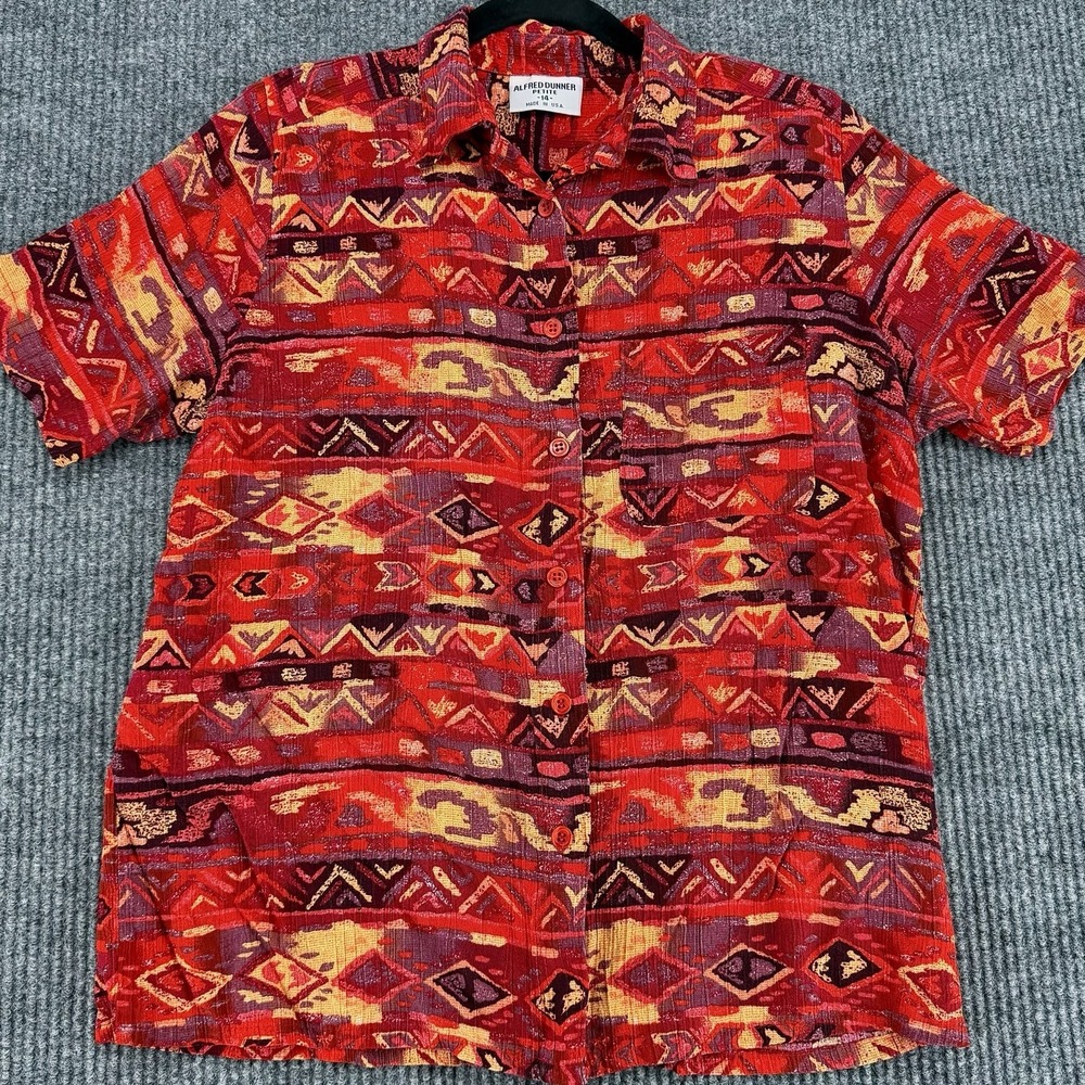 Vintage Southwest Button Up Shirt Red Aztec Tribal USA Womens Petite‎ 14